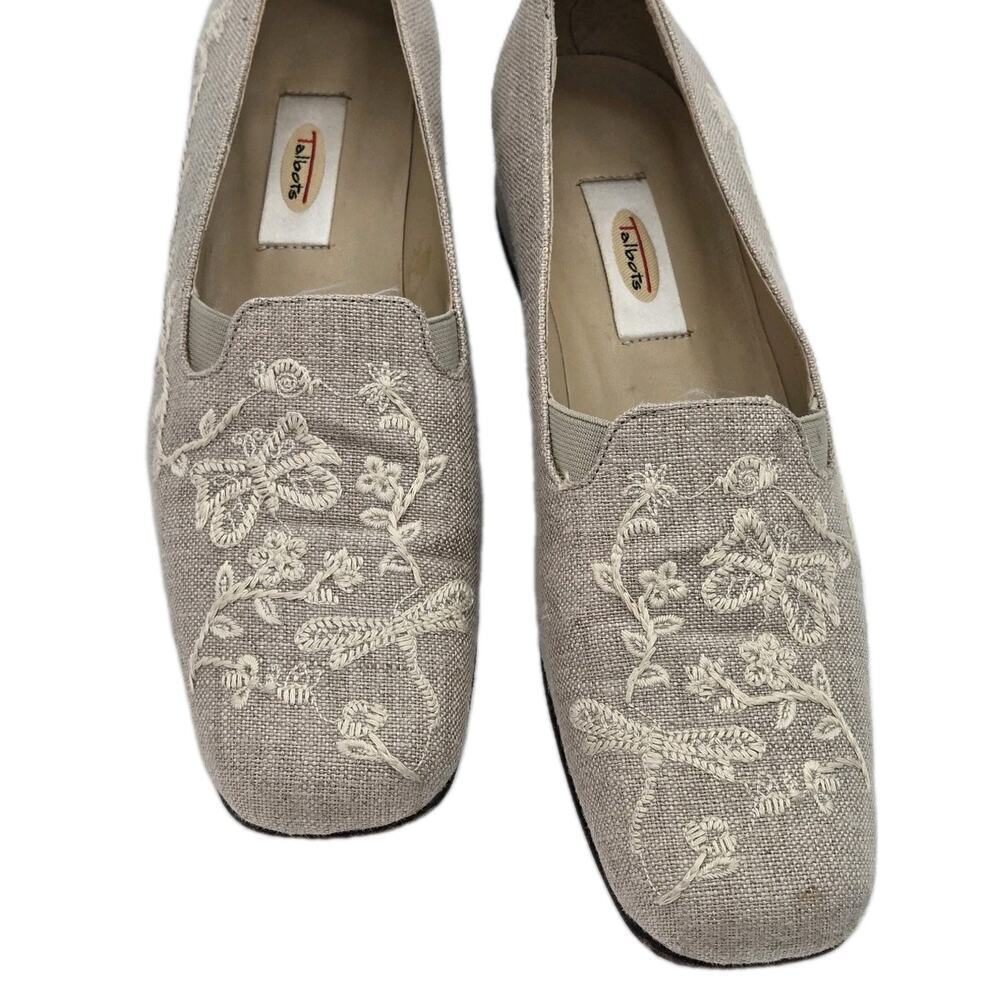 Talbots Loafers Comfort Square Toe Slip On Linen Embr Fabric Sz 7.5N Boho Cottag - Picture 1 of 10